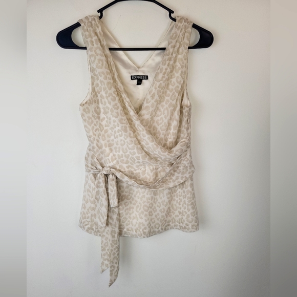 Express Tops - Express White Beige Animal Print Faux Wrap Blouse Size Small